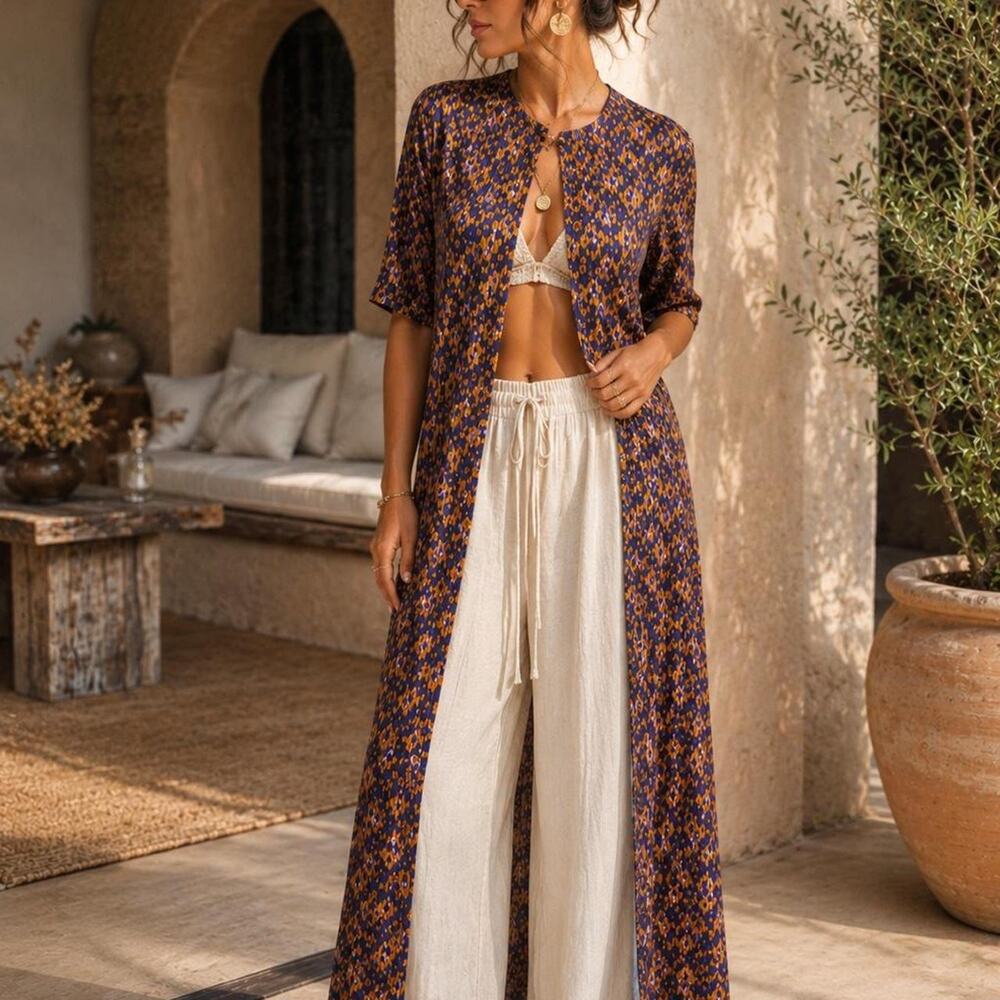 LuLaRoe Long Duster Cardigan Geometric Print Purple Gold L